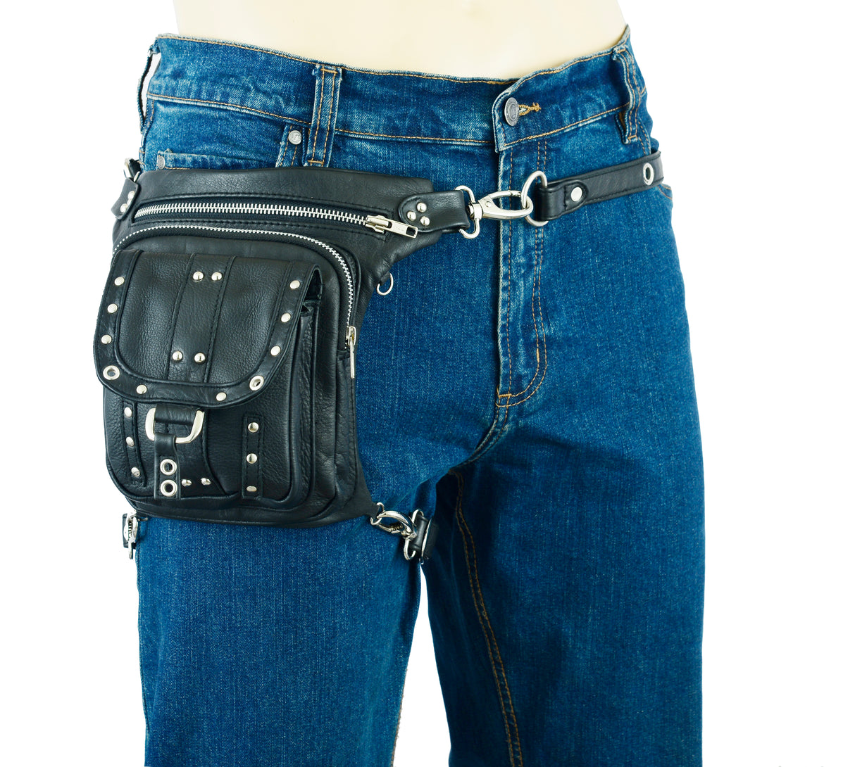 WC79108 Black Cowhide Natural Grain Leather Drop Leg Thigh Bag – Gun Holster, Waist Pack & Messenger Bag - Leather bags - Side & Angle View