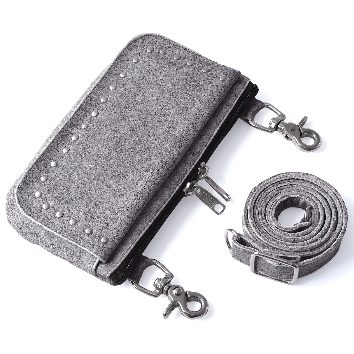 WC15108 Gray Studded Buffalo hide Leather Hip Clip Purse Bag | Women Waist Fanny Pack Motorcycle - Leather bags - Back View