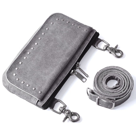 WC15108 Gray Studded Buffalo hide Leather Hip Clip Purse Bag | Women Waist Fanny Pack Motorcycle - Leather bags - Back View