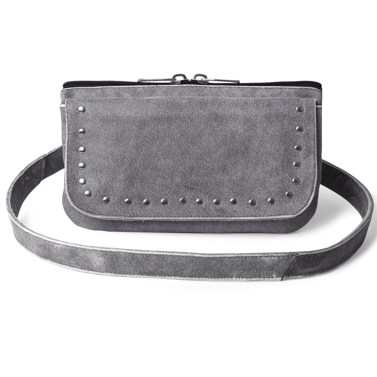 WC15108 Gray Studded Buffalo hide Leather Hip Clip Purse Bag | Women Waist Fanny Pack Motorcycle - Leather bags - Front View