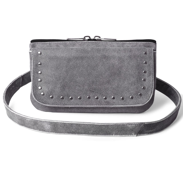 WC15108 Gray Studded Buffalo hide Leather Hip Clip Purse Bag | Women Waist Fanny Pack Motorcycle - Leather bags - Front View