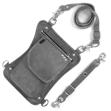 WC99108 Grey Leather Drop Leg Thigh Bag | Motorcycle Riding Waist Pack - Leather bags - Front View
