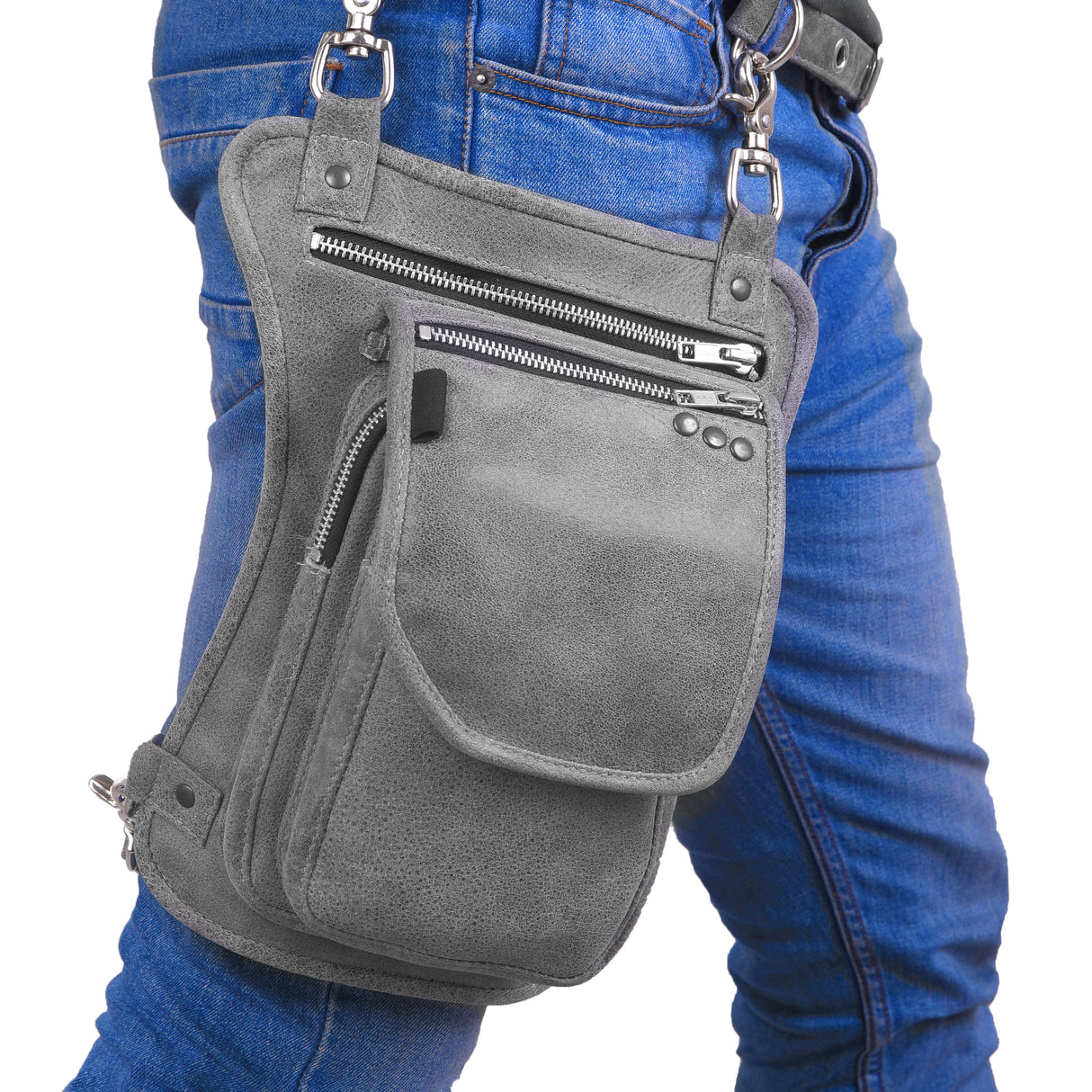 WC99108 Grey Leather Drop Leg Thigh Bag | Motorcycle Riding Waist Pack - Leather bags - Detail & Feature View