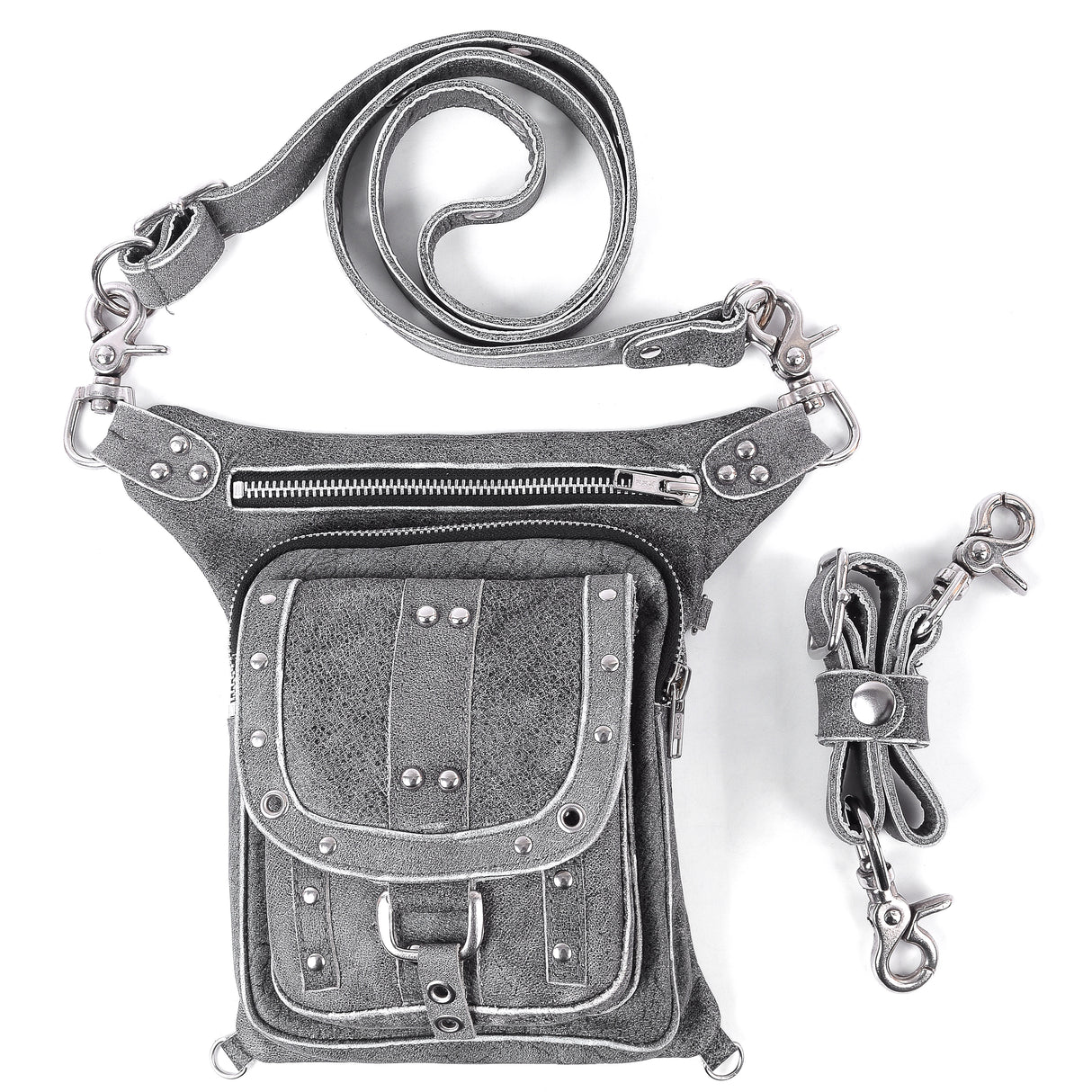 Grey Drop Leg Waist Fanny Leather Thigh Bag