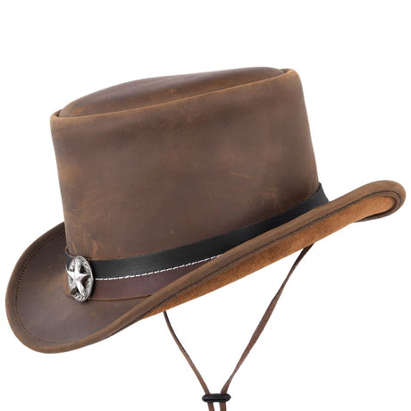 Vintage Inspired 100% Genuine Leather Brown Top Hat with Decorative Star Hatband