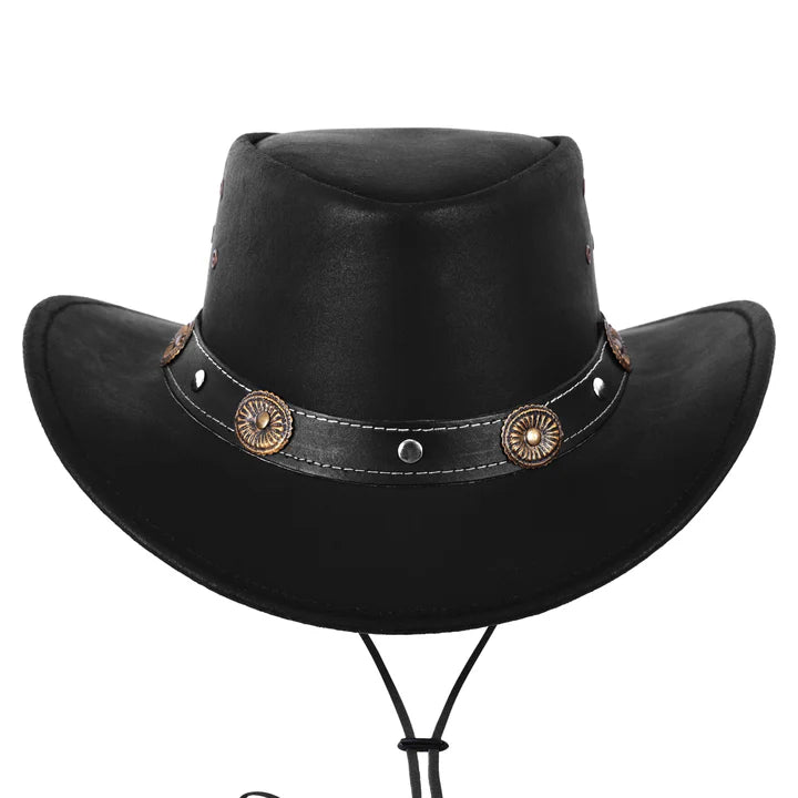 Genuine Black Leather Western Cowboy Hat with Concho Band