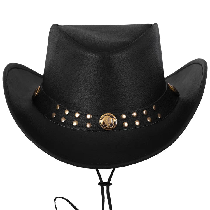 Cowhide Leather Black Cowboy Hat with Buffalo Nickel Accent Band