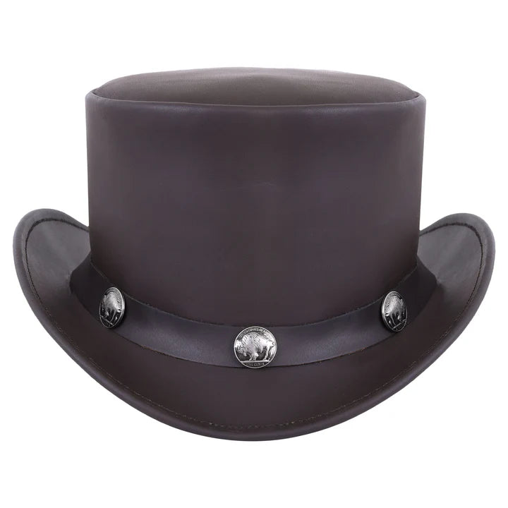 Brown Cowhide Leather Top Hat with Buffalo Nickel Band