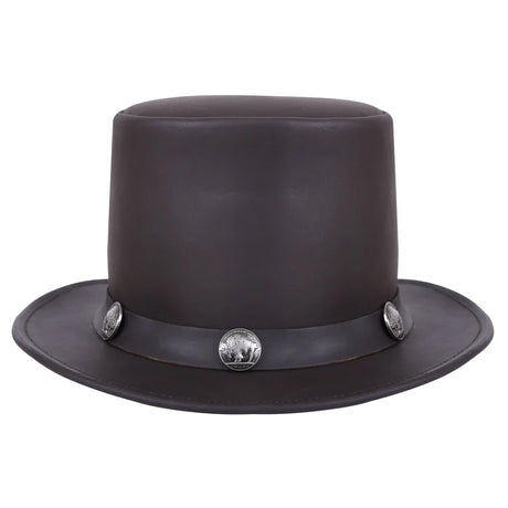 Brown Cowhide Leather Top Hat with Buffalo Nickel Band