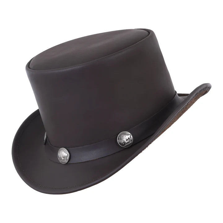Brown Cowhide Leather Top Hat with Buffalo Nickel Band