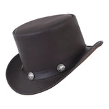 Brown Cowhide Leather Top Hat with Buffalo Nickel Band