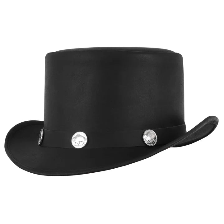 El Dorado Steampunk Black Cowhide Leather Top Hat with Buffalo Nickel Band