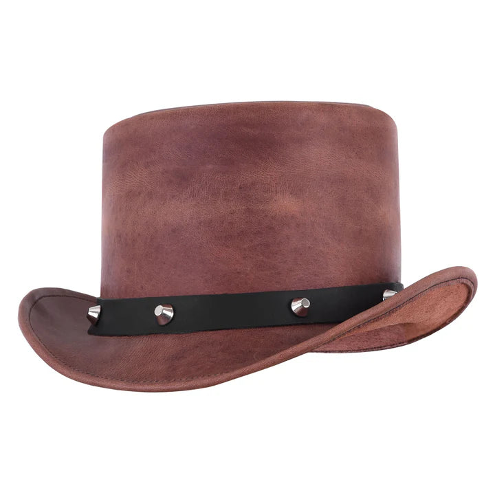 Men’s Brown Leather Top Hat with Black Studded Leather Band