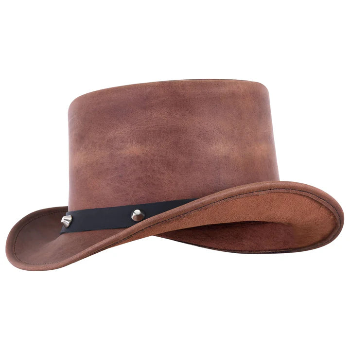 Men’s Brown Leather Top Hat with Black Studded Leather Band