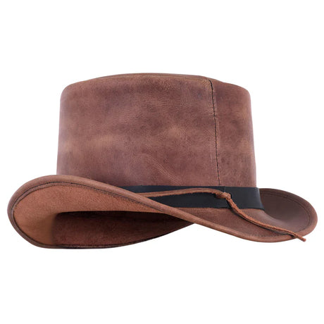 Men’s Brown Leather Top Hat with Black Studded Leather Band