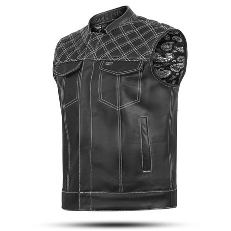 Men's White Black Cross Stitch Club Style Buffalo Leather Motorcycle Vest