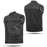 Men's White Black Cross Stitch Club Style Cow Platted Milled Leather Vest.