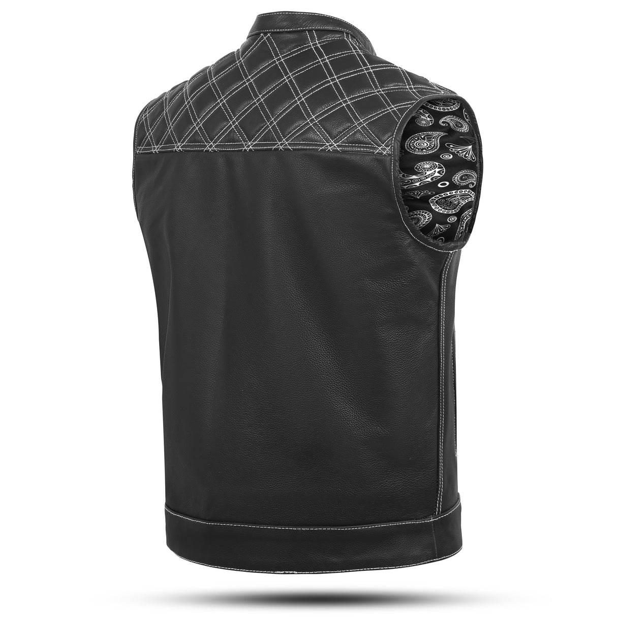 Men's White Black Cross Stitch Club Style Cow Platted Milled Leather Vest.