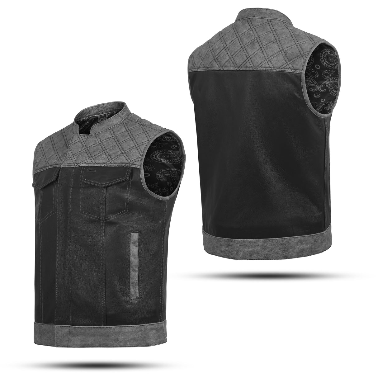 Men's Grey Black Cross Stitch Club Style Cow Platted Milled Leather Vest.