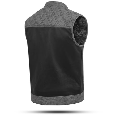 Men’s Grey & Black Cross-Stitch Club Style Cowhide Leather Vest - Men Leather Vests - Side & Angle View