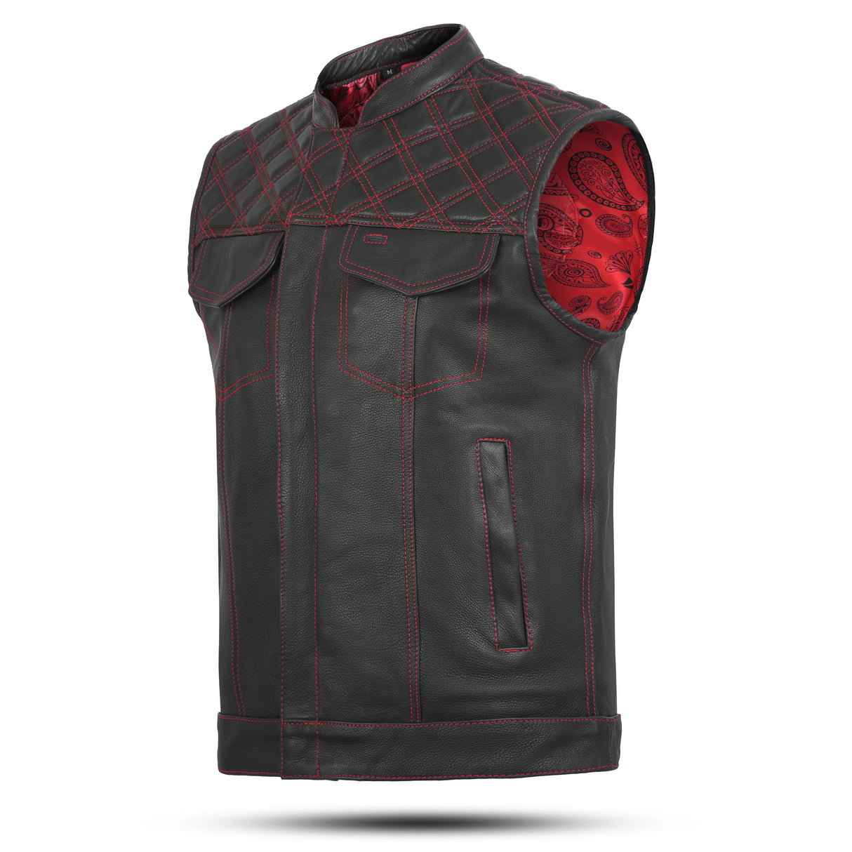 Men's Red Cross Stitch Club Style Leather Vest.
