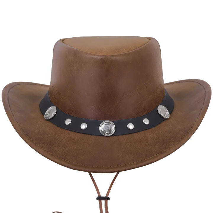 Brown Genuine Leather Western Cowboy Hat with Buffalo Nickel Band