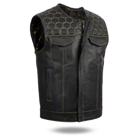 Men's Club Style Buffalo Leather Motorcycle Vest with Yellow Cross Stitch