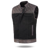 Men's Distressed Brown Black Cross Stitch Club Style Denim Vest.