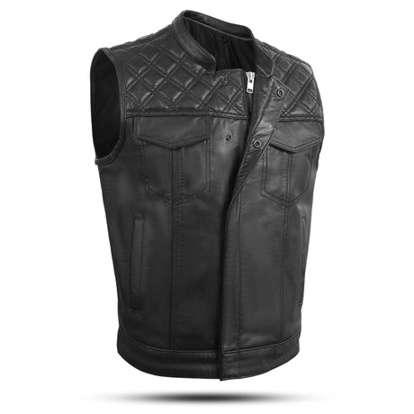 Men’s Black Cross Stitch Club Style Cowhide Milled Leather Vest