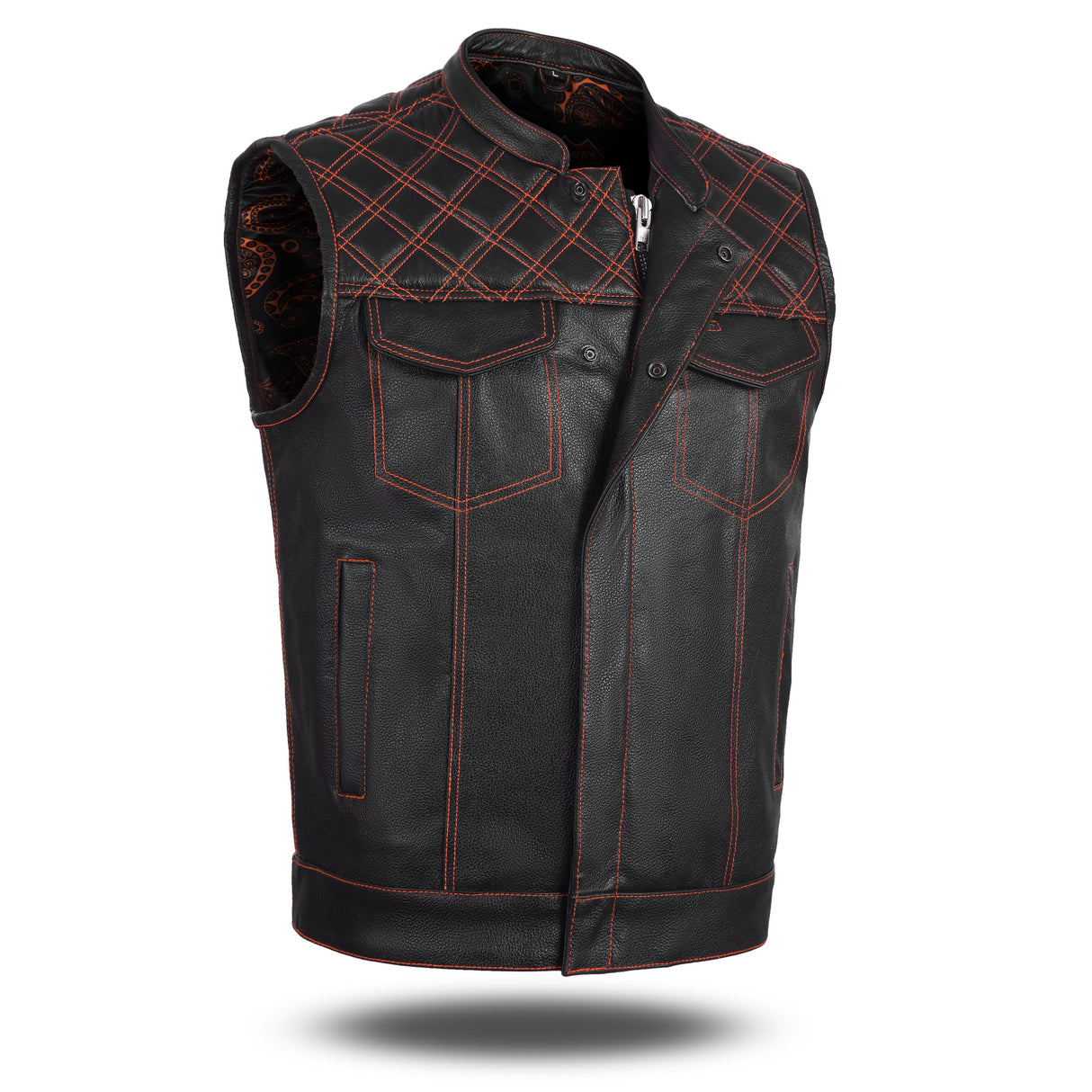 Men's Orange Cross Stitch Club Leather Cow Platted Milled Leather Vest