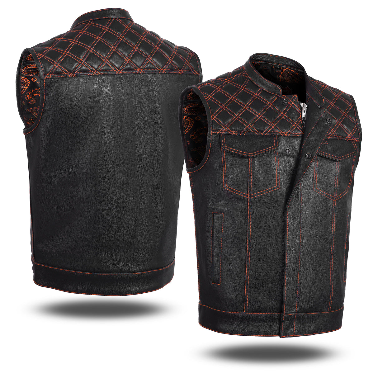 Men's Orange Cross Stitch Club Leather Cow Platted Milled Leather Vest