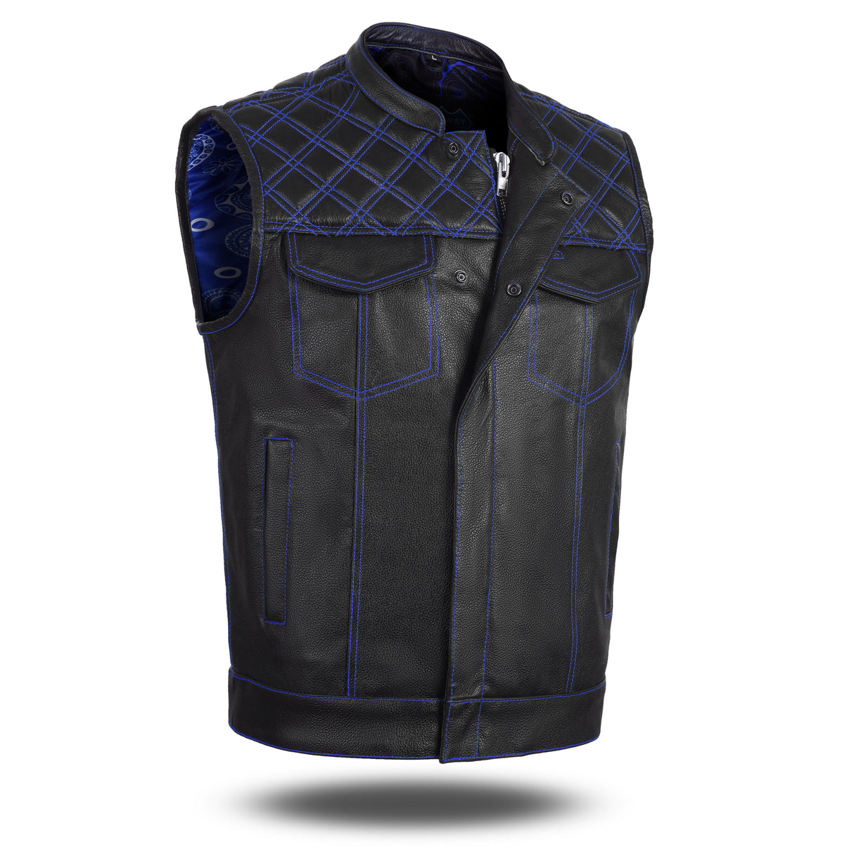Men's Cross Stitch Club Style Leather Vest - Black/Blue.