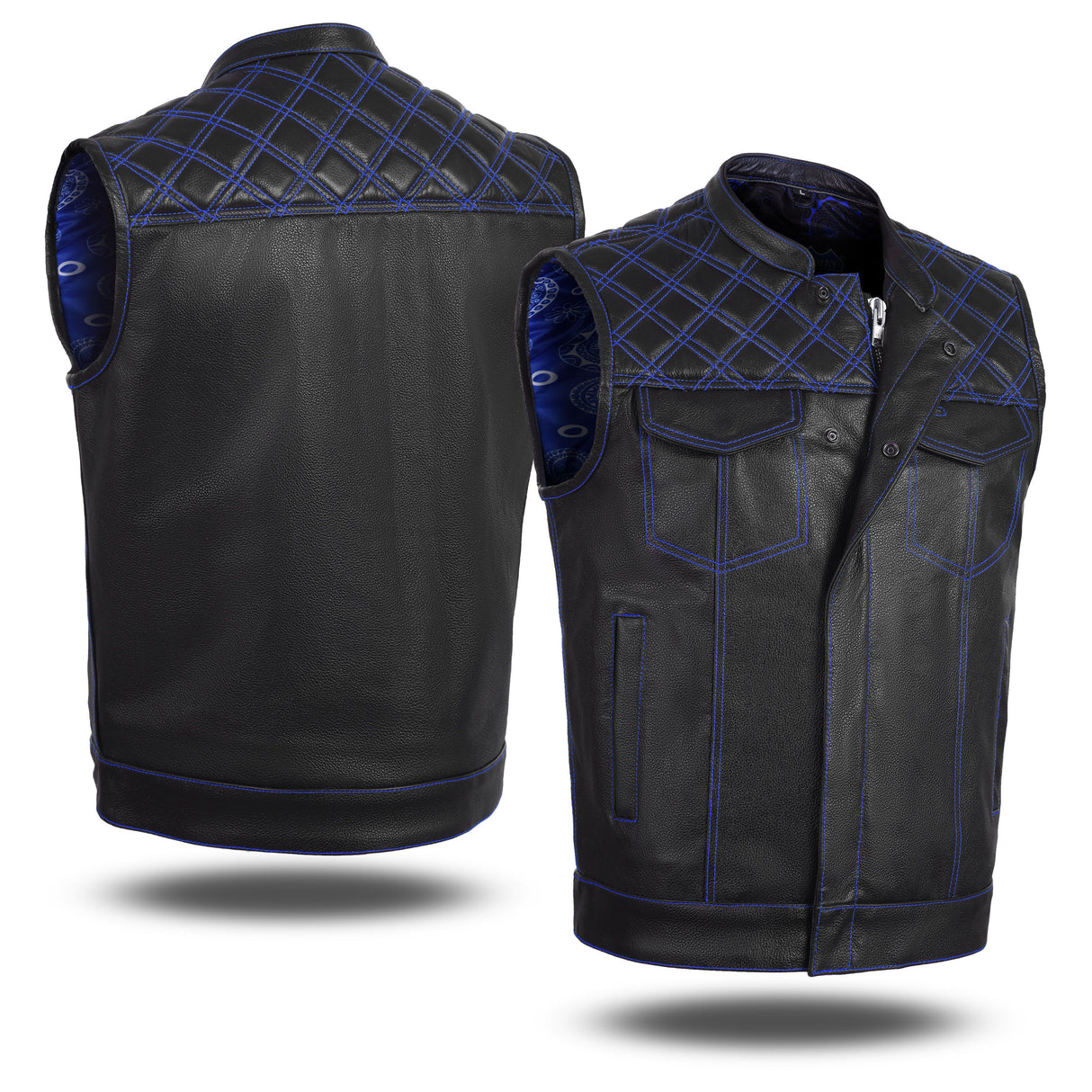 Men's Blue Black Cross Stitch Club style Leather Vest.