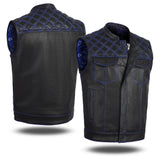 Men's Blue Black Cross Stitch Club style Leather Vest.