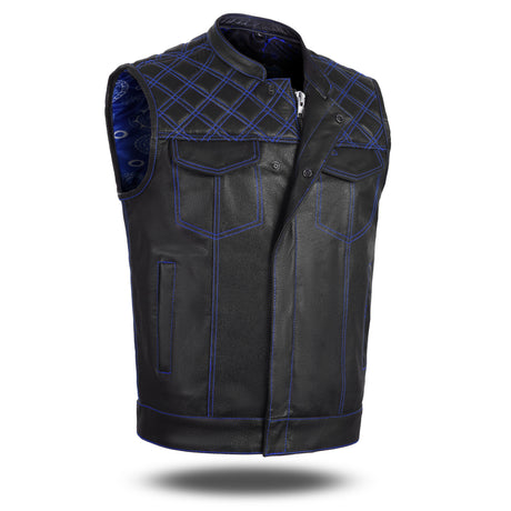 Men’s Blue & Black Cross-Stitch Club Style Cow Milled Leather Vest