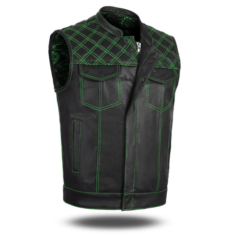 Men's Leather Green Cross Stitch Club Style Vest