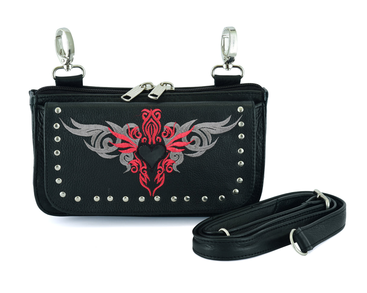 Biker Red Tribal Heart Embroidered Hip Clip Leather Bag