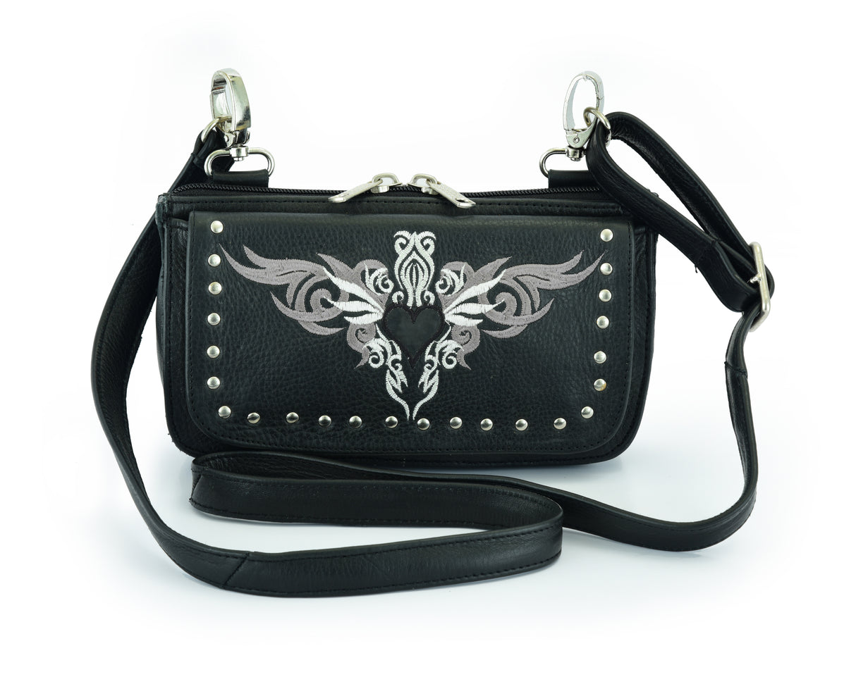 Biker Grey Tribal Heart Embroidered Hip Clip Leather Bag