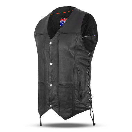 WC 0453SPT Black Mens Genuine Leather 10 Pockets Motorcycle Biker Vest ANARCHY Black SOA - Men Leather Vests - Back View