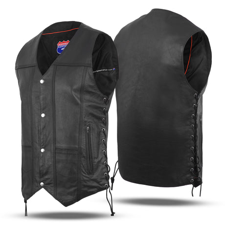 WC 0453SPT Black Mens Genuine Leather 10 Pockets Motorcycle Biker Vest ANARCHY Black SOA - Men Leather Vests - Front View