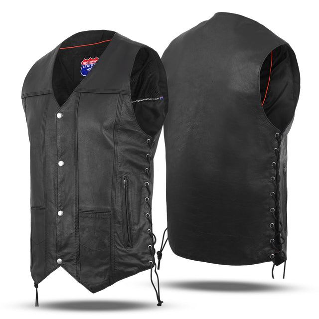 WC 0453SPT Black Mens Genuine Leather 10 Pockets Motorcycle Biker Vest ANARCHY Black SOA - Men Leather Vests - Front View