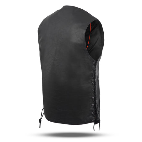 WC 0453SPT Black Mens Genuine Leather 10 Pockets Motorcycle Biker Vest ANARCHY Black SOA - Men Leather Vests - Side & Angle View