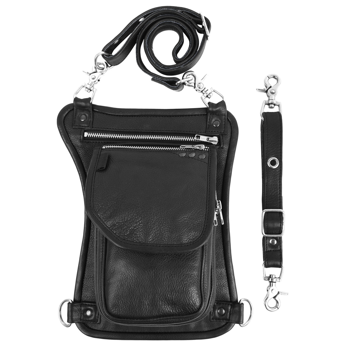 WC19108 Black Leather Drop Leg Thigh Bag | Motorcycle Riding Waist Pack - Leather bags - Front View