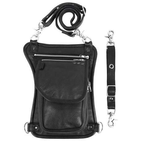 WC19108 Black Leather Drop Leg Thigh Bag | Motorcycle Riding Waist Pack - Leather bags - Front View