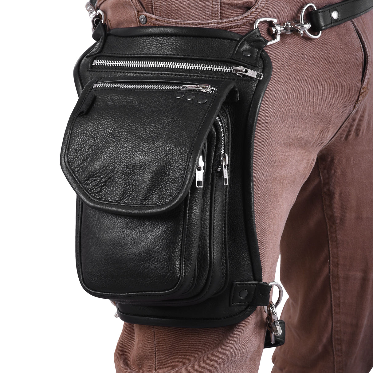 WC19108 Black Leather Drop Leg Thigh Bag | Motorcycle Riding Waist Pack - Leather bags - Detail & Feature View