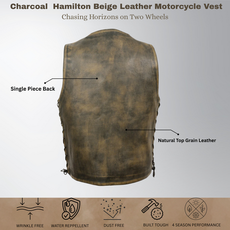 Men's Roulette Distressed Brown 7 Pocket Motorcycle Cowhide Leather Vest - Men Leather Vests - Back View