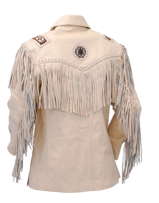 Men’s Western Cowboy Real Leather Fringe Jacket with Beaded Native American Design