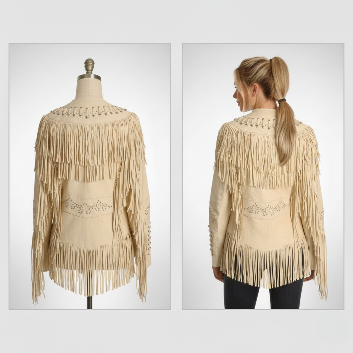 Women’s Western Leather Jacket with Fringes & Beadwork – Cream Real Leather