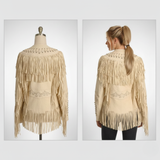 Women’s Western Leather Jacket with Fringes & Beadwork – Cream Real Leather