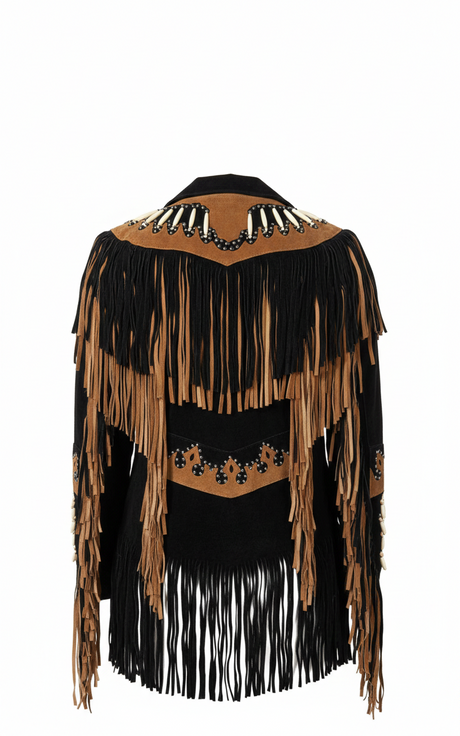 Women’s Native American Style Suede Western Fringe Leather Jacket with Beads